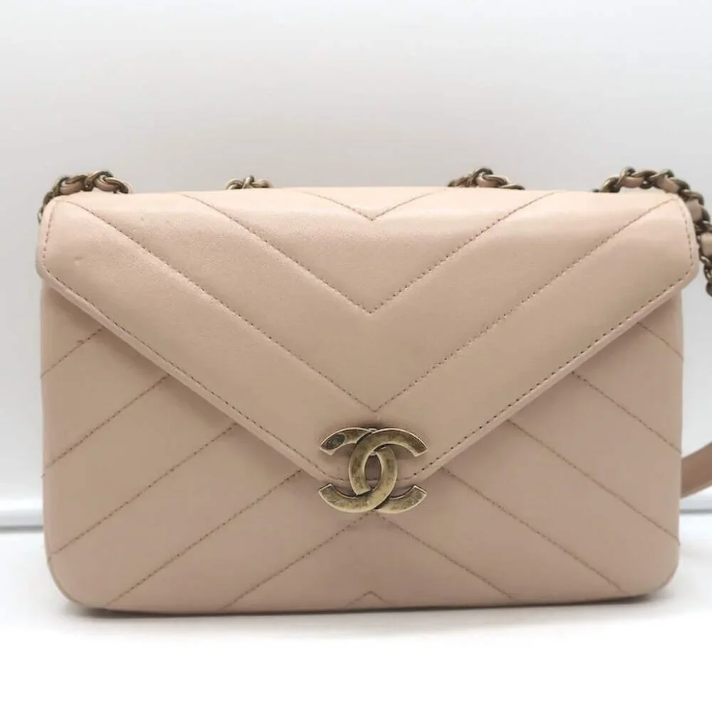 Chanel 2016 Coco Envelope Flap Bag Beige Chevron Quilted Leather Crossbody